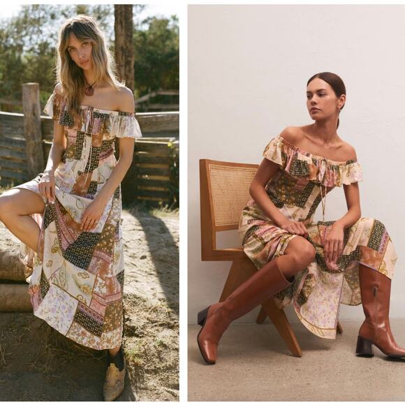 Z SUPPLY Veda Off Shoulder Patchwork Midi Maxi Dress Pink Cream Sz M NWT {3Y16} - Picture 1 of 4